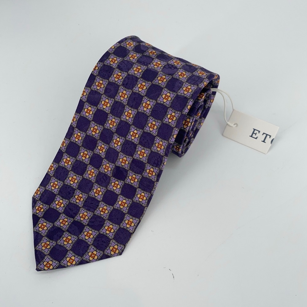 Eton Tie Men One Size Purple Brown Floral Silk Classic Luxury Necktie Italy Made